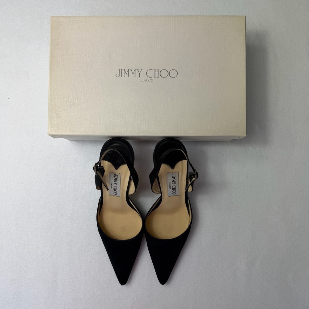 Jimmy Choo Syria Slingback Heels Black Satin Pointed Toe 37 85mm Classic - Picture 6 of 14